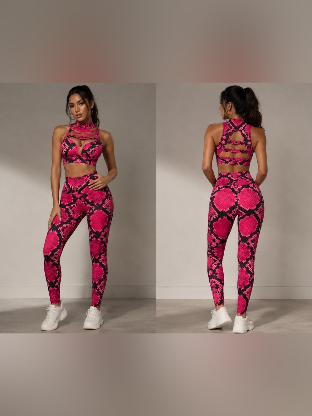 High-Rise Pink Snake-Print Leggings & Crop Top workout set
